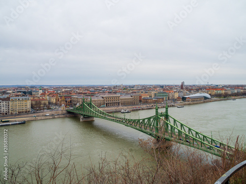 Budapest, Hungary - Mar 9th 2019: Szabadság híd or Liberty Bridge in Budapest, Hungary, connects Buda and Pest across the River Danube. It is the third southernmost public road bridge in Budapest,