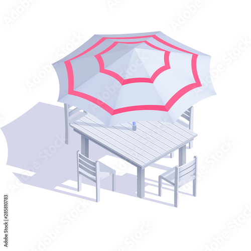 Umbrella with table and chairs. Template for home garden or place of relaxation in a cafe and restaurant. Wooden bench. Vector illustration flat design. Isolated on white background. Landing page.