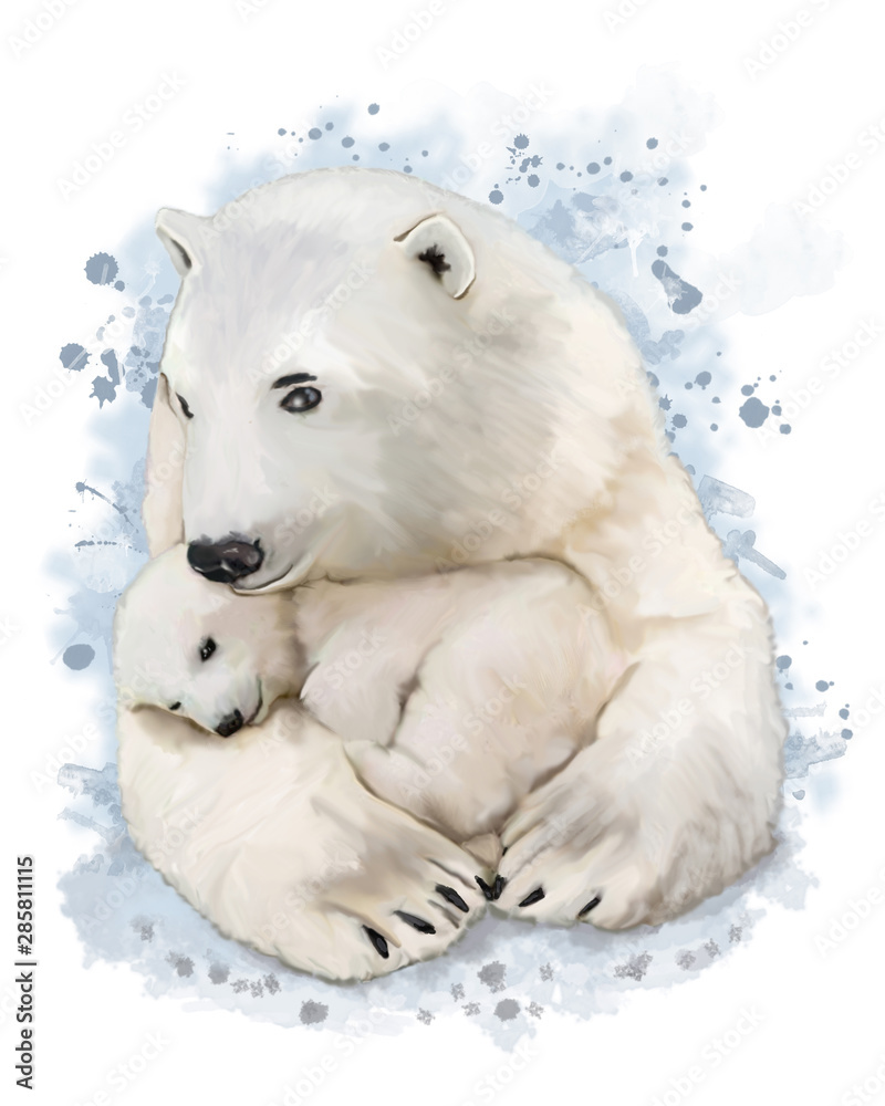Pittura ad acquerello di un' orsa polare con il suo cucciolo