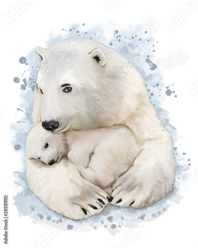 Pittura ad acquerello di un' orsa polare con il suo cucciolo photo