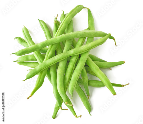 Isolated beans. Pile of raw green beans (haricot), top view, isolated on white background