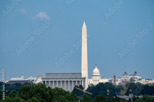 Skyline view of Washington DC, with the Lincoln Memorial, Washington Monument and Capitol building in view