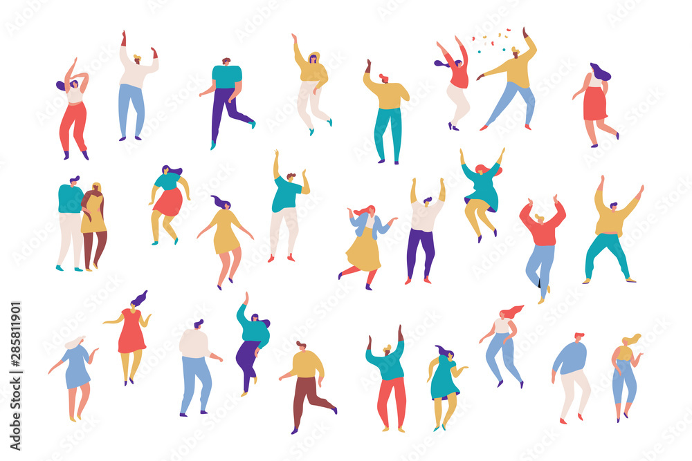 Party people. Large group of male and female cartoon characters having fun at party. Crowd of young people  dancing at club or music concert. Flat colorful vector illustration on white background.
