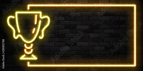 Vector realistic isolated neon sign of Golden Cup trophy frame logo for template decoration and invitation covering on the wall background. Concept of winning, award ceremony and jackpot.