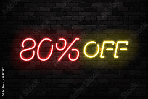 Vector realistic isolated neon sign of Neon Sale Discount 80 Percent logo for template decoration on the wall background. Concept of Black Friday and winter holidays.