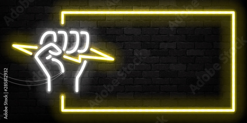 Vector realistic isolated neon sign of fist holding a lightning frame logo for template decoration and covering on the wall background.