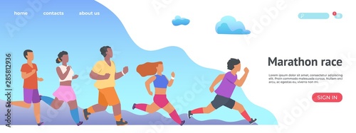 Marathon race landing page. Jogging athletic group people website. Vector illustration running man and woman training to marathon