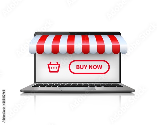 Online shopping concept. Realistic image open laptop buying and shopping online. Vector illustration ecommerce store concept on laptop screen with striped awning on white background photo