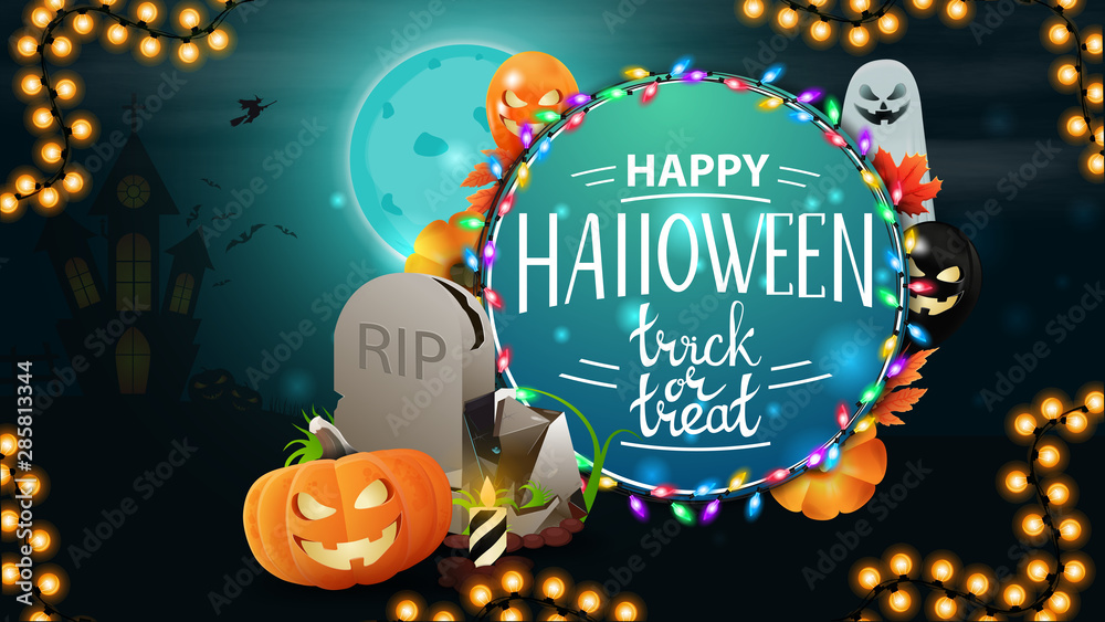 Naklejka premium Happy Halloween, trick or treat, round greeting postcard with tombstone and pumpkin Jack
