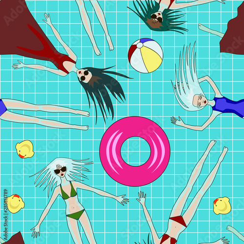 Summer seamless pattern with girls in the pool. Girls in swimsuits. Pool with people, tube and ball. Girls swim in the pool.