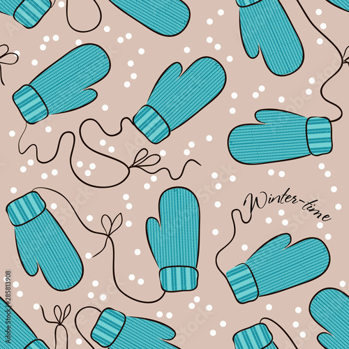 Decorative seamless pattern with mittens. Knitted gloves seamless pattern. Stylish background for wrapping, wallpaper, fabric.