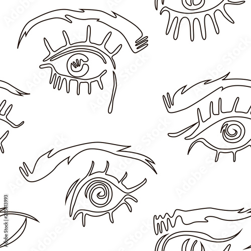 Black and white seamless pattern with hand drawn eyes and eyebrows. Eyes pattern.
