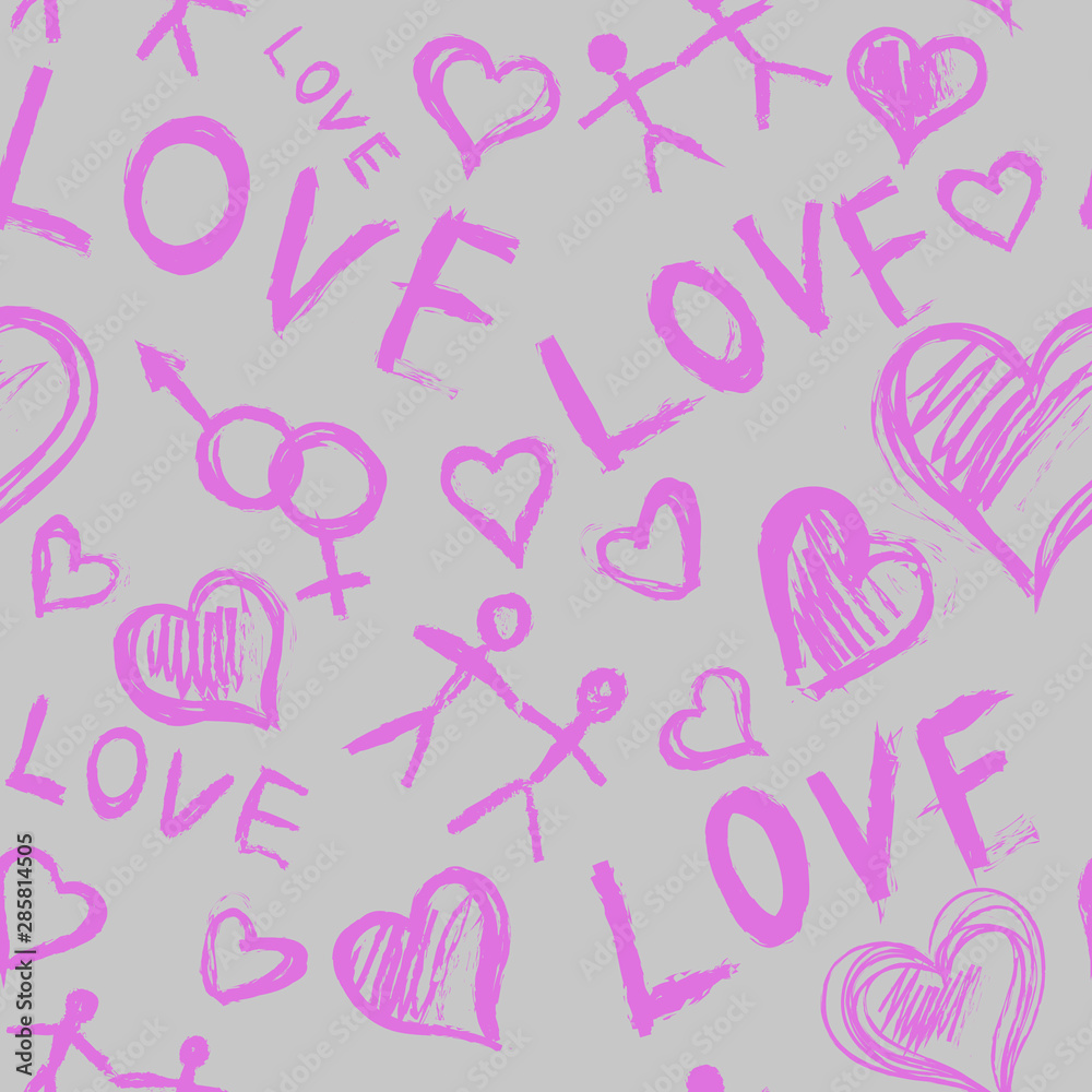 Love seamless pattern. Seamless pattern with hand painted hearts and words love. Seamless pattern with lipstick lettering. Endless background with LOVE handlettering. Backdrop for valentines day.