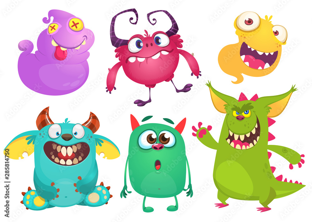 Naklejka premium Funny cartoon monsters set. Halloween vector illustration