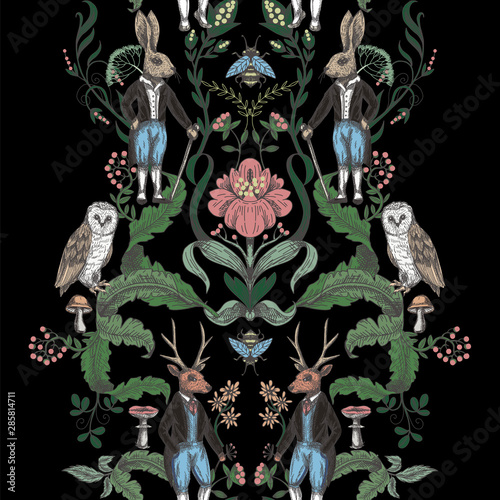Fairytale graphic seamless pattern with forest animals and flowers.
