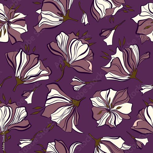 Elegant floral seamless pattern with poppies. Background with poppies in winter colors. Print for fabric  wallpaper  packaging. Fantasy violet flowers pattern.