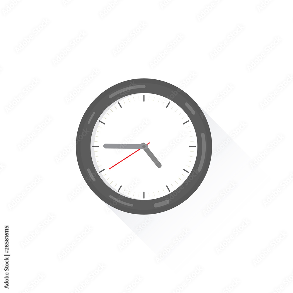 Wall clock with shadow showing the time. Round wall clock with arrows, vector icon. Wall clock with shadow showing the time. Round wall clock with arrows, vector icon.