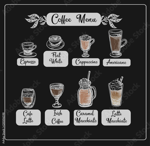 Coffee menu with different drinks. Vector.