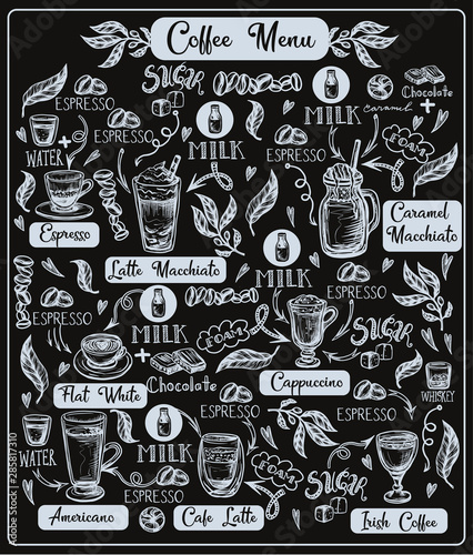 Coffee menu with different drinks. Vector.