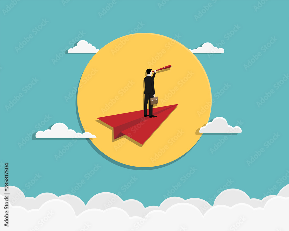 Businessman hold telescope stand on red paper plane