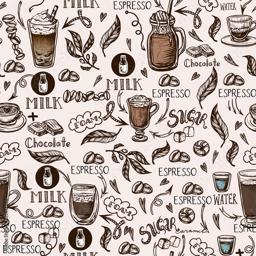Seamless pattern with coffee cups. Vector.