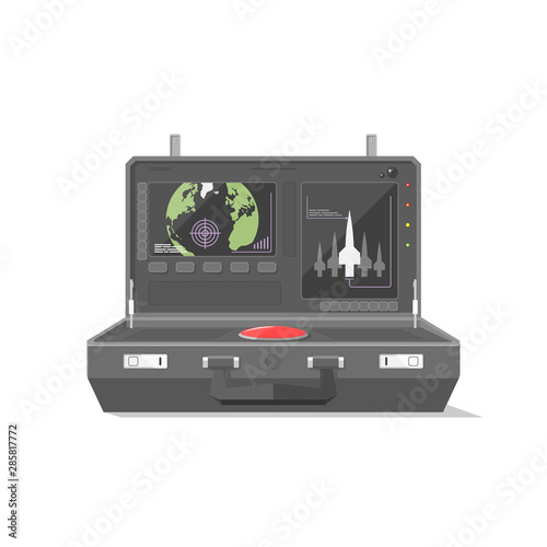 The black nuclear briefcase has two displays the one is a world map the another shows the rockets also there is a red button. the nuclear briefcase is isolated on a white background.
