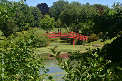 Red wooden bridge in a Japanese meditation garden at Duke Farms, Hillsborough, New Jersey -05
