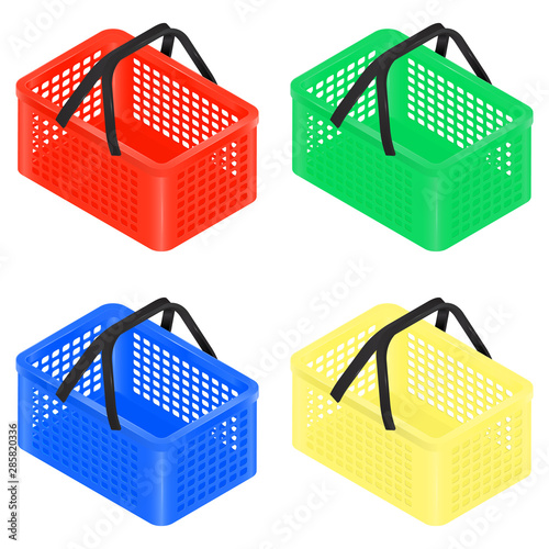 Isometric shopping basket set with handles, vector icon. Isometric Plastic basket.