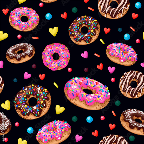 Seamless pattern with yummy donuts. Vector.