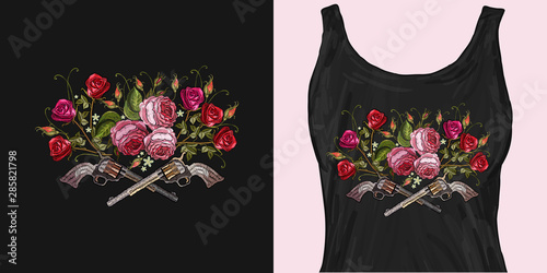 Embroidery crossed guns and roses. Symbol of romanticism and crime. Trendy apparel design. Template for fashionable clothes, textile, modern print for t-shirts