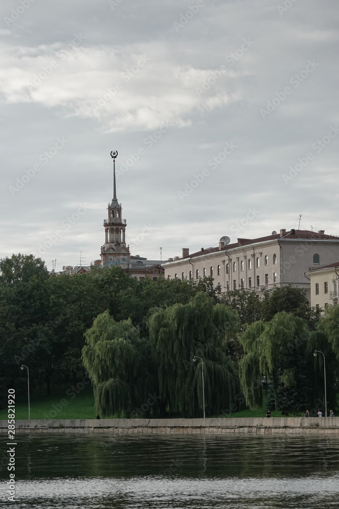 Svisloch river and soviet building in Minsk, Belarus Svisloch river and soviet building in Minsk, Belarus