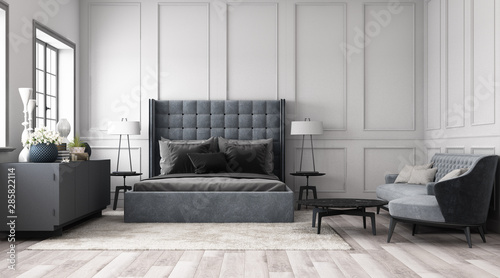Modern classic bedroom with wall decorate by classic element and furniture grey tone. 3d render