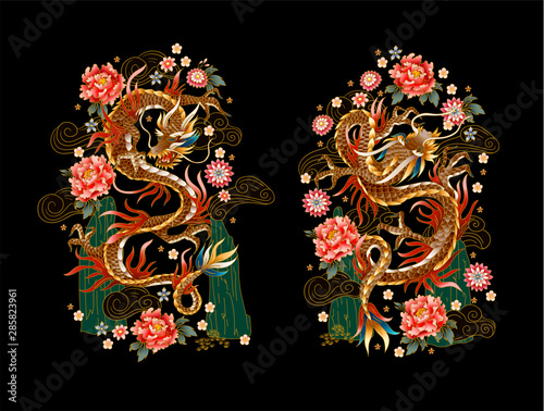Photographie Chinese traditional dragon, peonies and sakura. vector.