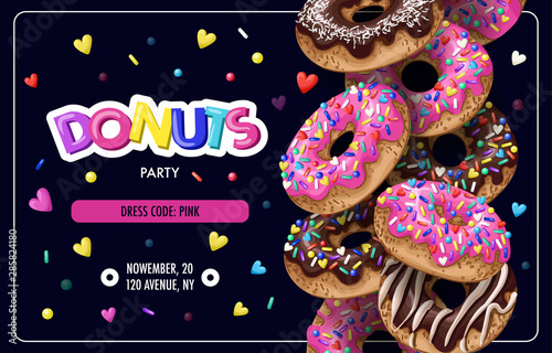 Invitation for donuts party, flyer. Vector.