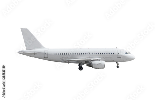 Airplane with landing gear side view isolated on white background.