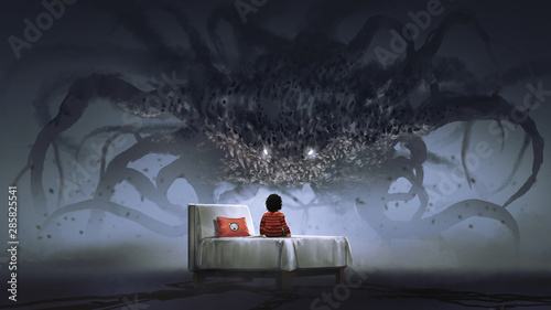 koszmar koncepcja przedstawiająca chłopca na łóżku w obliczu gigantycznego potwora w ciemnej krainie, styl sztuki cyfrowej, malarstwo ilustracyjne