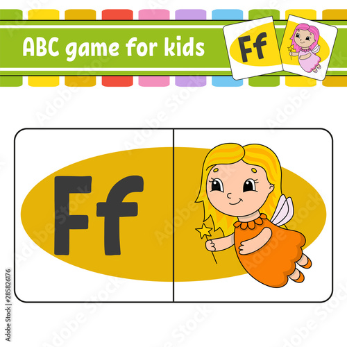 ABC flash cards. Alphabet for kids. Learning letters. Education developing worksheet. Activity page for study English. Game for children. Funny character. Isolated vector illustration. Cartoon style.