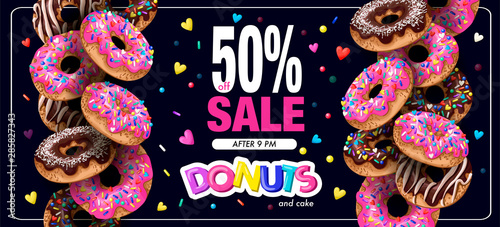 Poster donuts sale with cupcakes pink and chocolate glaze.