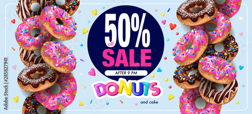 Poster donuts sale with cupcakes pink and chocolate glaze.