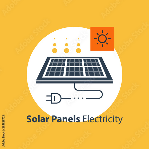 Solar panel and house with plug, source of energy, flat design illustration