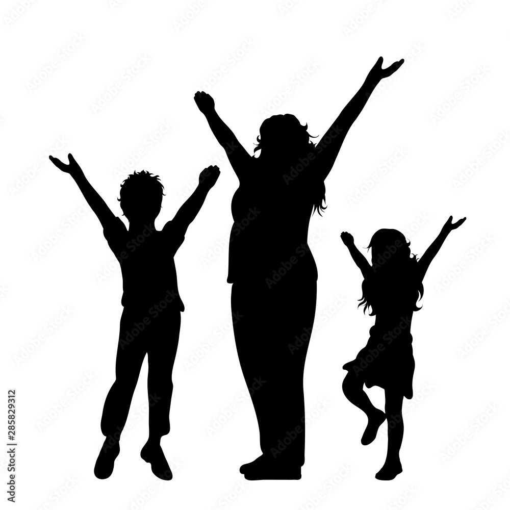 Vector silhouette of mother with her children on white background. Symbol of family, daughter,son,siblings, happy,sport. Vector silhouette of mother with her children on white background. Symbol of family, daughter,son,siblings, happy,sport.