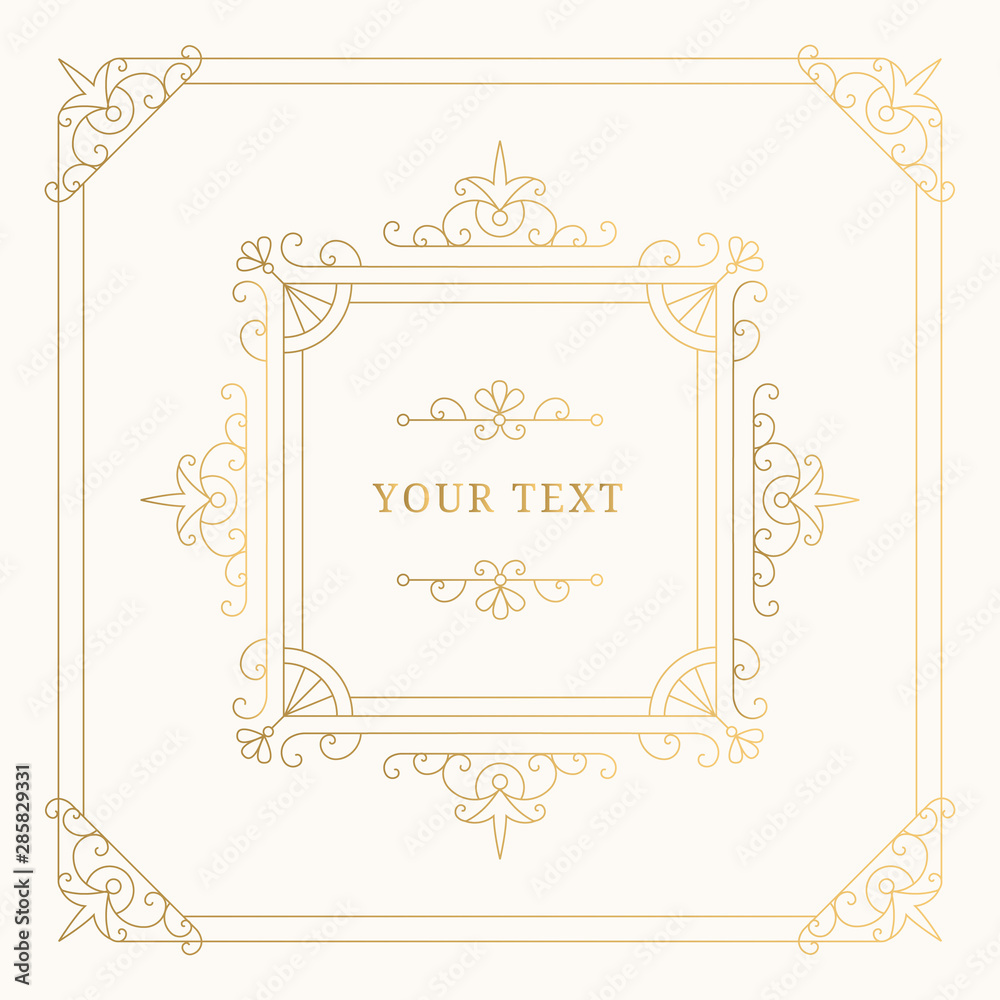 Elegant luxury golden frame with flourishes borders and vector design elements. Isolated gold foil illustration.