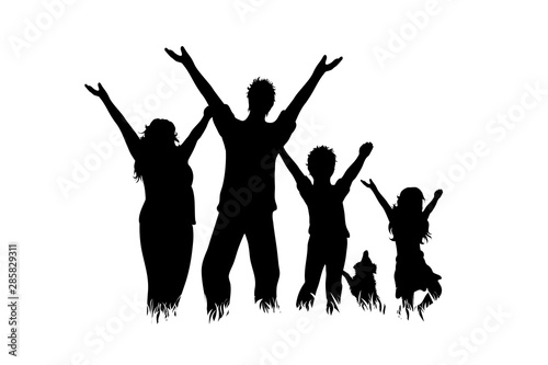 Vector silhouette of family with dog on white background. Symbol of mother  father  child husband  wife daughter animal  pet happy.