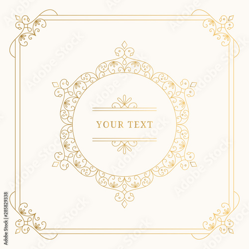 Fancy gold circle frames with elegant swirl elements. Vintage luxury borders. Vector isolated illustration.