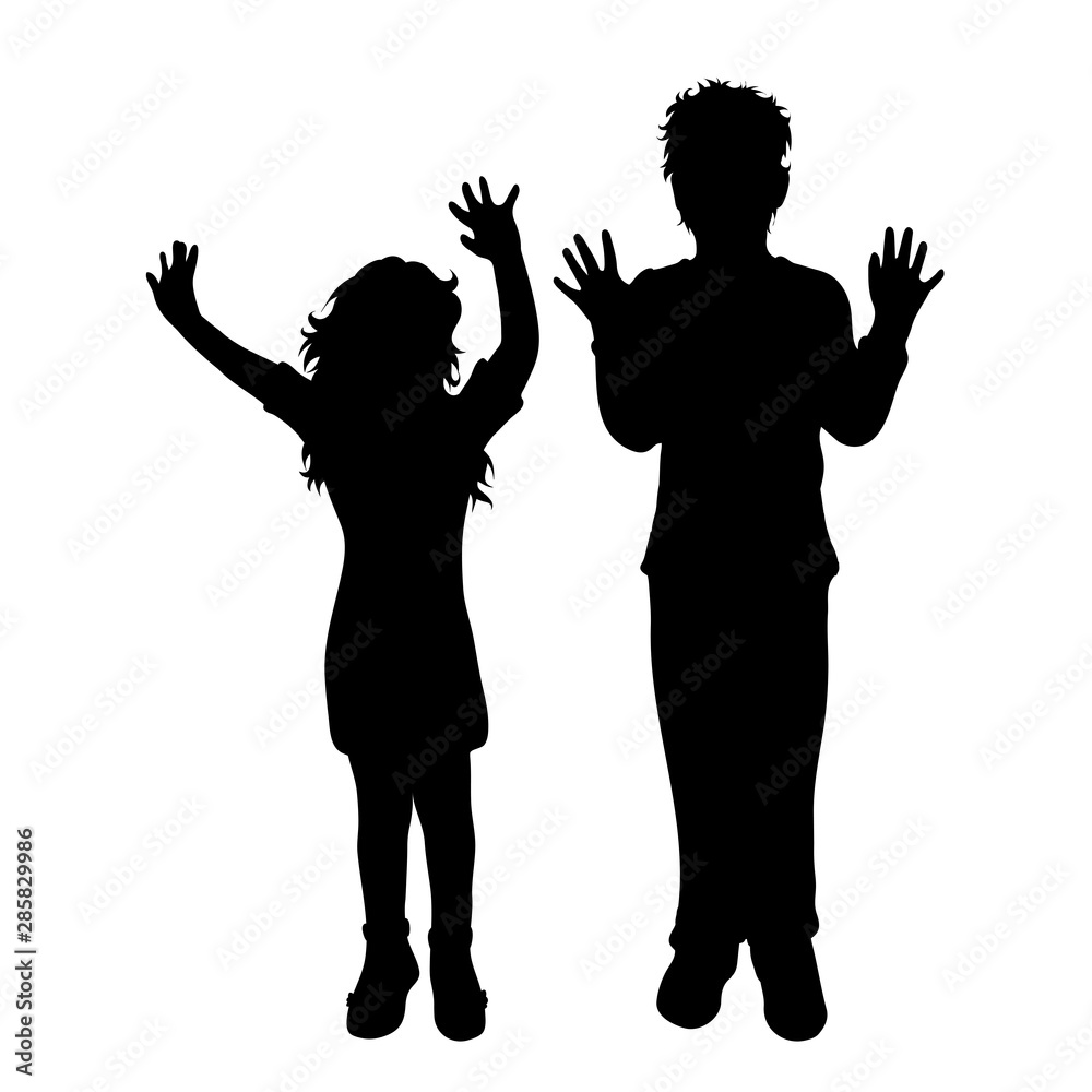 Vector silhouette of children´s friends on white background. Symbol of child, girl,siblings,sister,boy, brother,free, funny.