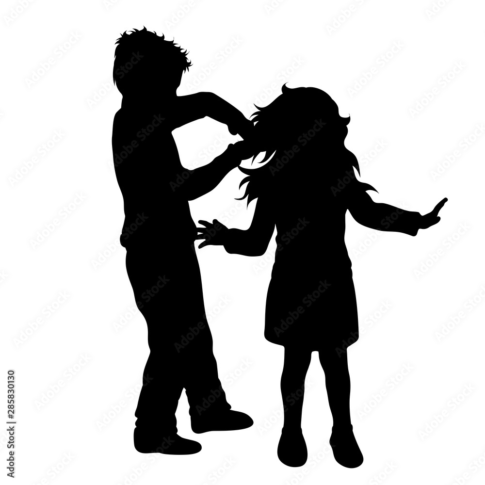 Vector silhouette of boy who bullying small girl on white background. Symbol of child, siblings, sister, brother, violence, annoy.