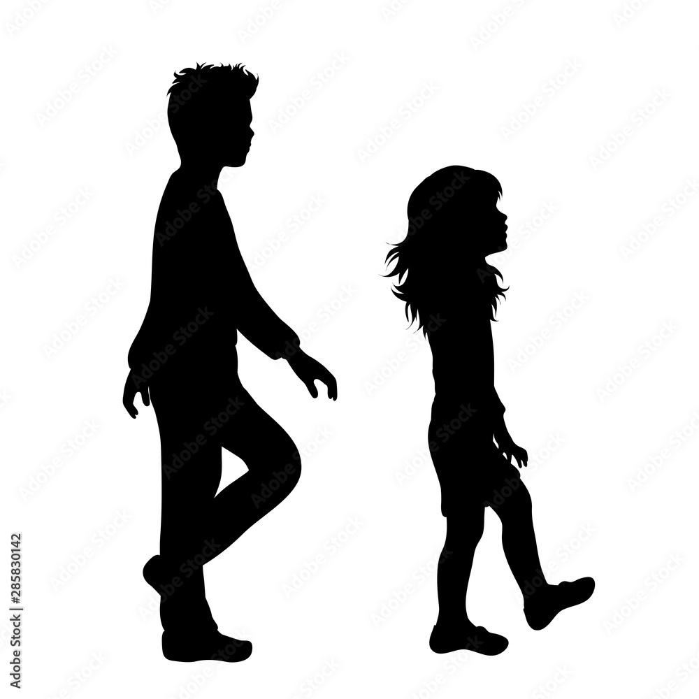 Vector silhouette of children´s friends on white background. Symbol of child, girl, siblings, sister, boy, brother, walk, go.