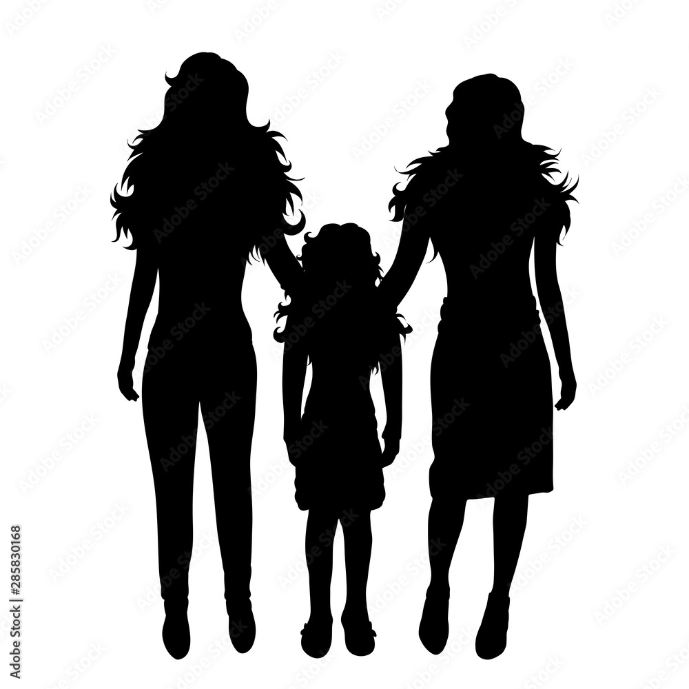 Vector silhouette of lesbian with their child on white background. Symbol of gay, pair, homosexual, friends, girl, daughter, woman.