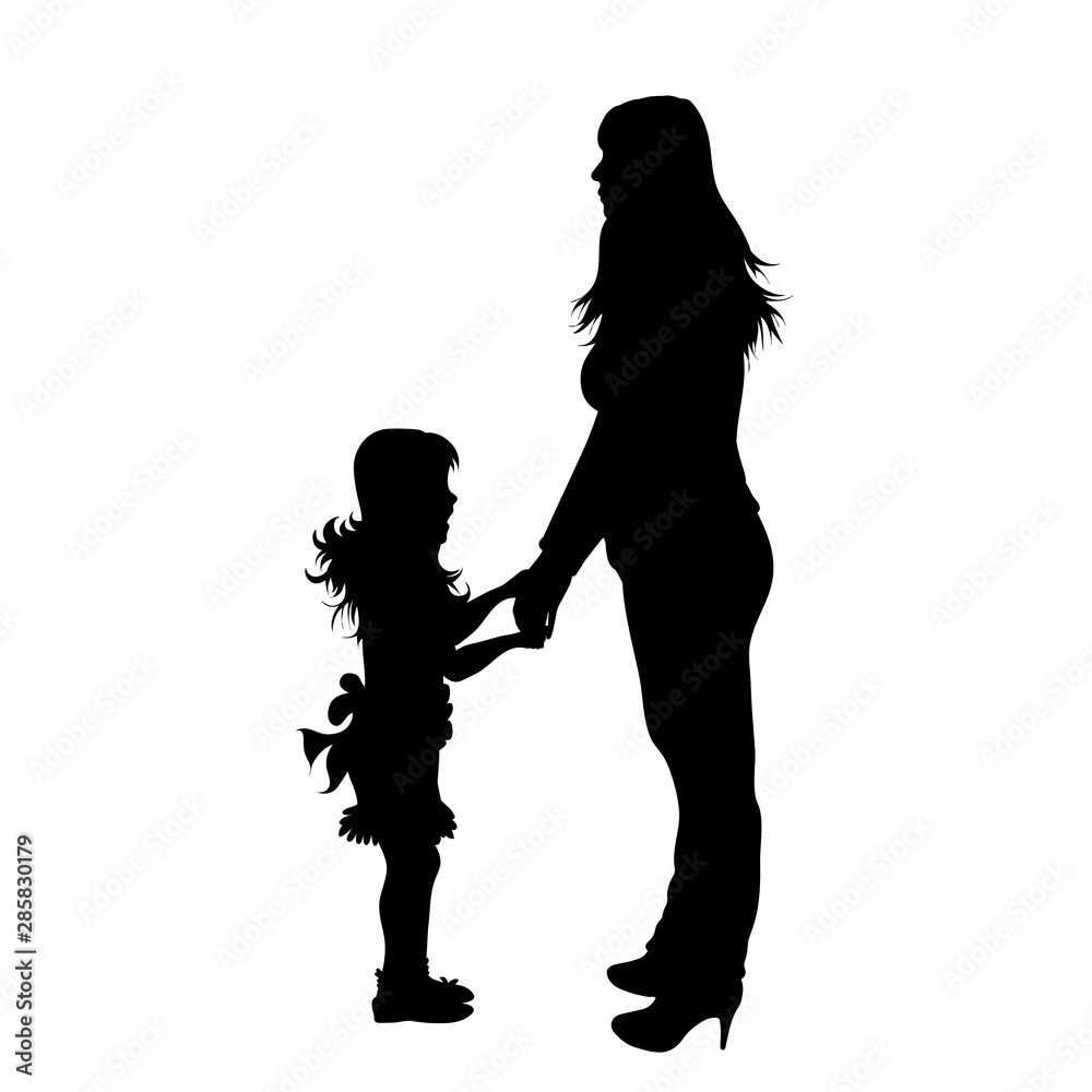 Vector silhouette of mother with her daughter on white background. Symbol of family, child, maternity.