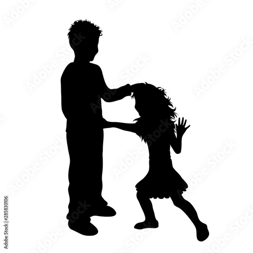 Vector silhouette of boy who bullying small girl on white background. Symbol of child, siblings, sister, brother, violence, annoy.